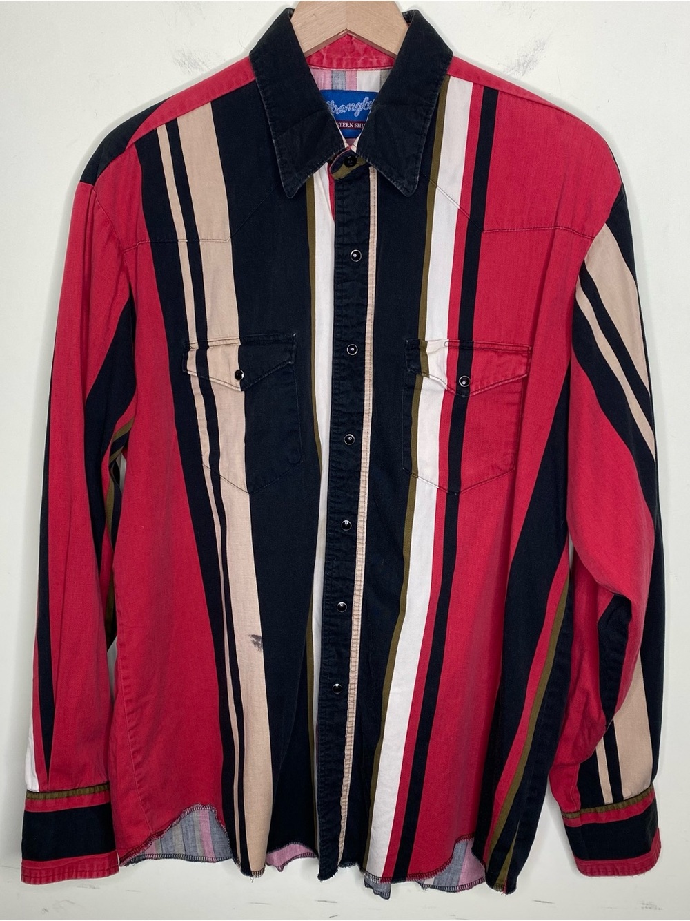 Vintage Wrangler 1990s Pearl Snap Brushhopper Red Vertical Striped Western Shirt